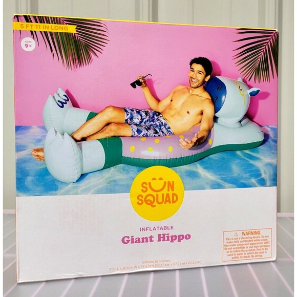Sun Squad Giant Chilaxing Hippo Pool Swim Inflatable Float 6 Foot Length - Picture 1 of 7